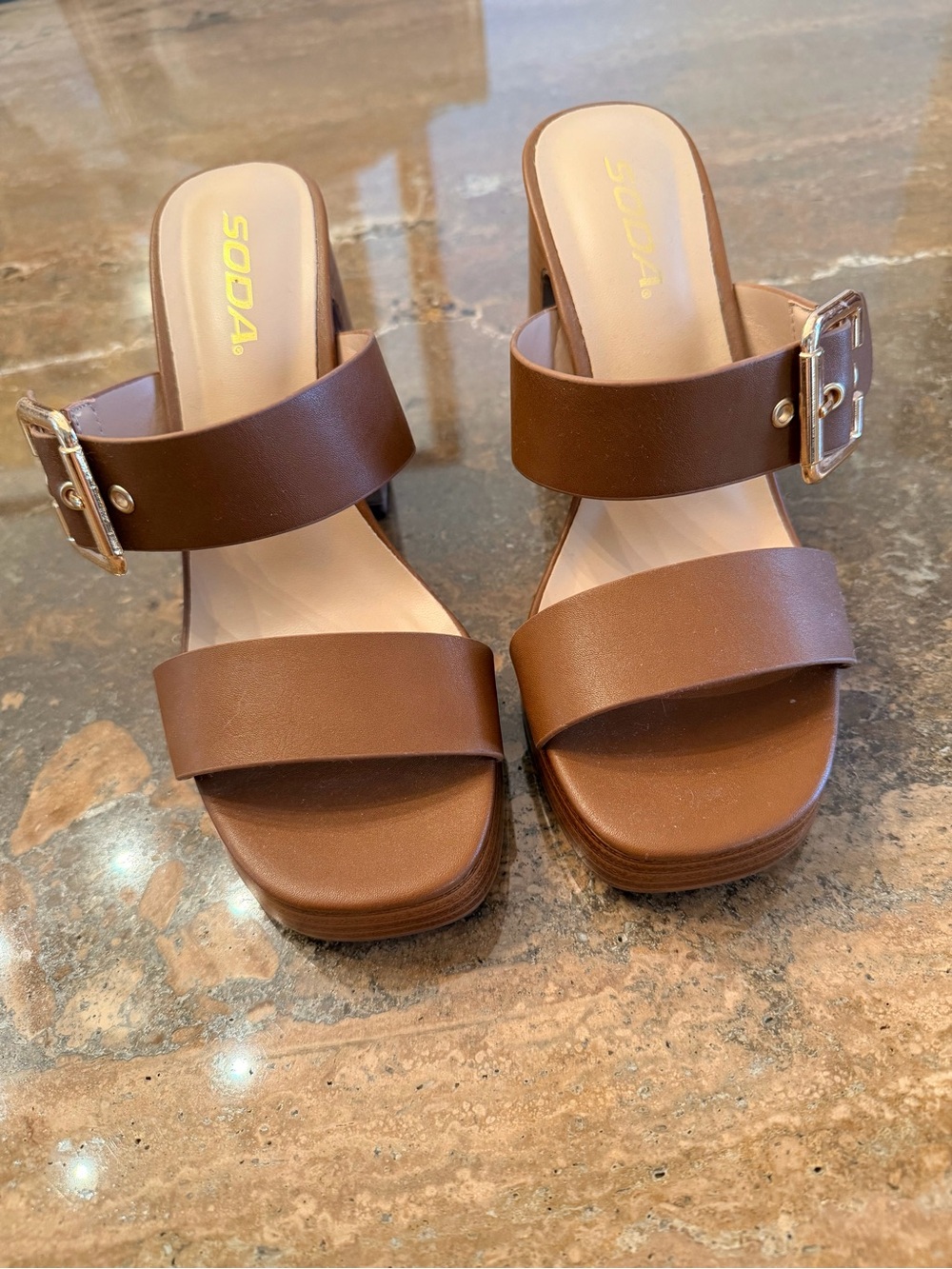 Soda Brown Double Strap Buckle Block Heel NWOT